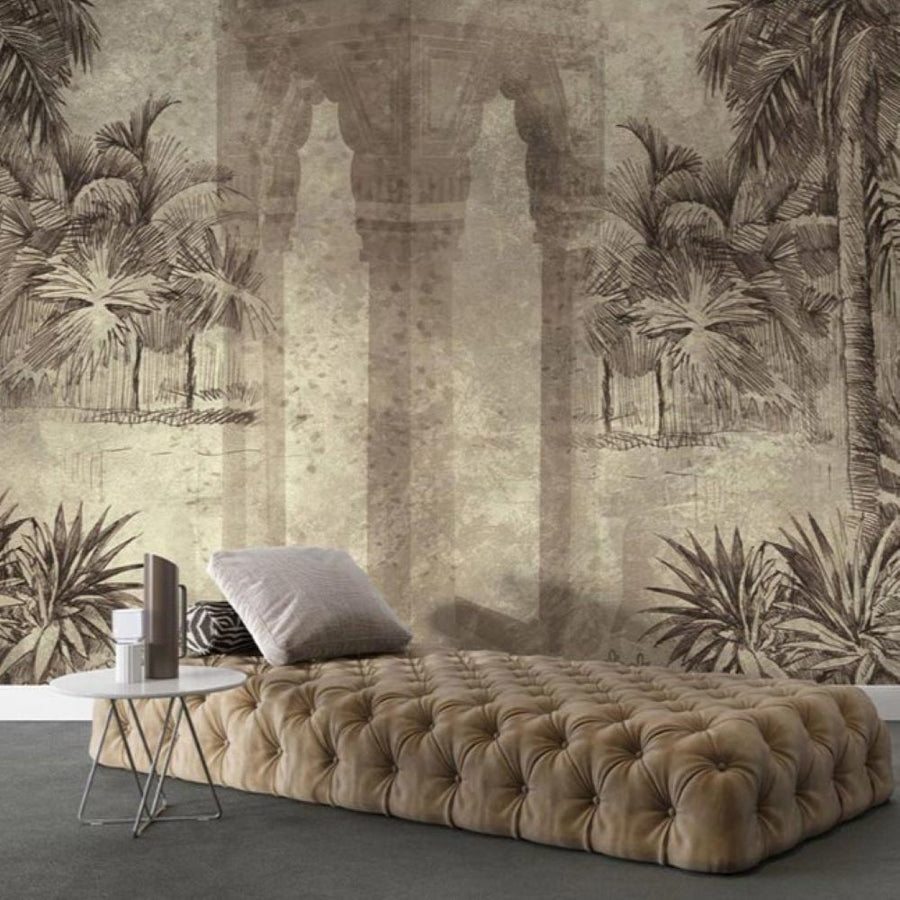 Papier peint sépia colonnes et arbres tropicaux