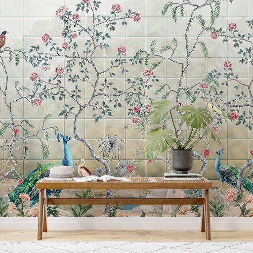 Papier peint hibiscus et paon