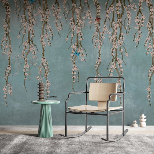 Papier peint lierre, fleurs de sakura et papillon bleu