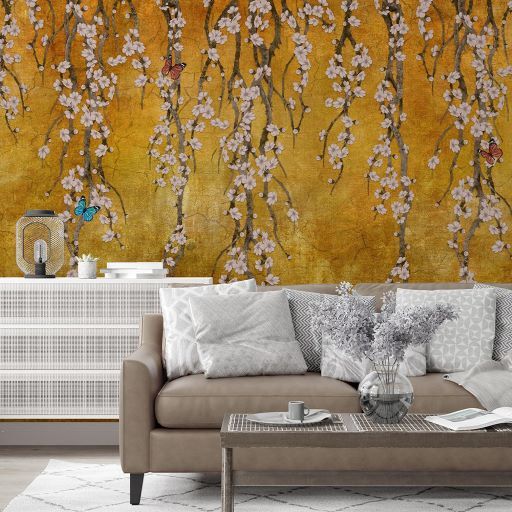 Papier peint fleurs grimpantes sur fond moutarde