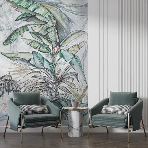 Papier peint feuilles tropicales dessinées