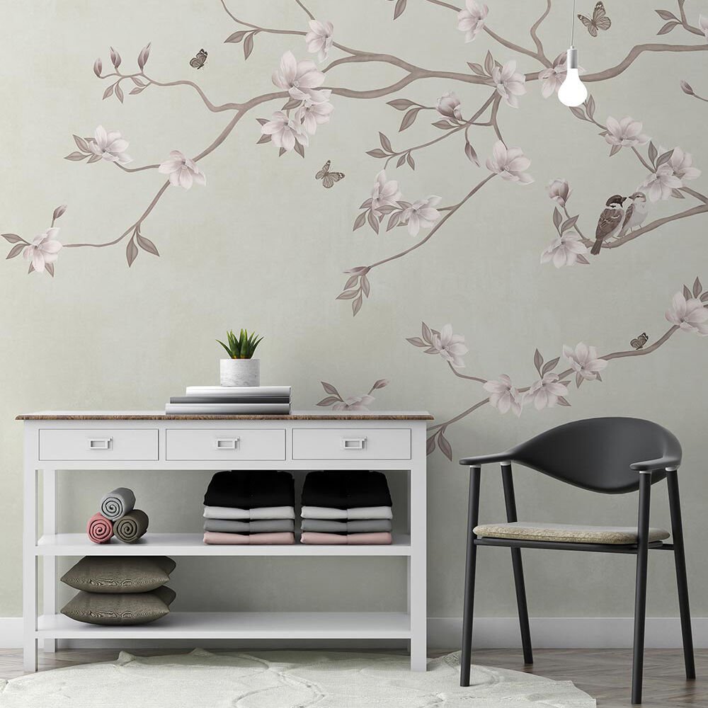 Papier peint fleurs élégantes et oiseaux vieux rose
