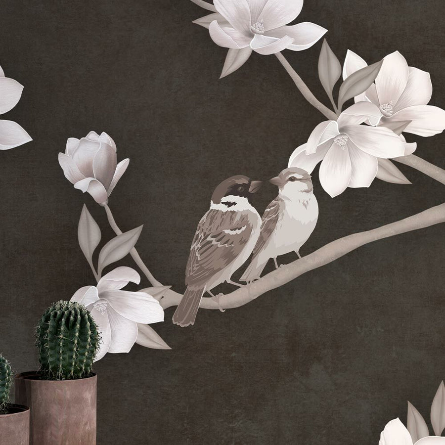 Papier peint fleurs et oiseaux sur fond brun