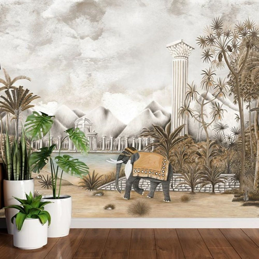Papier peint montagnes, colonne, éléphant et arbres