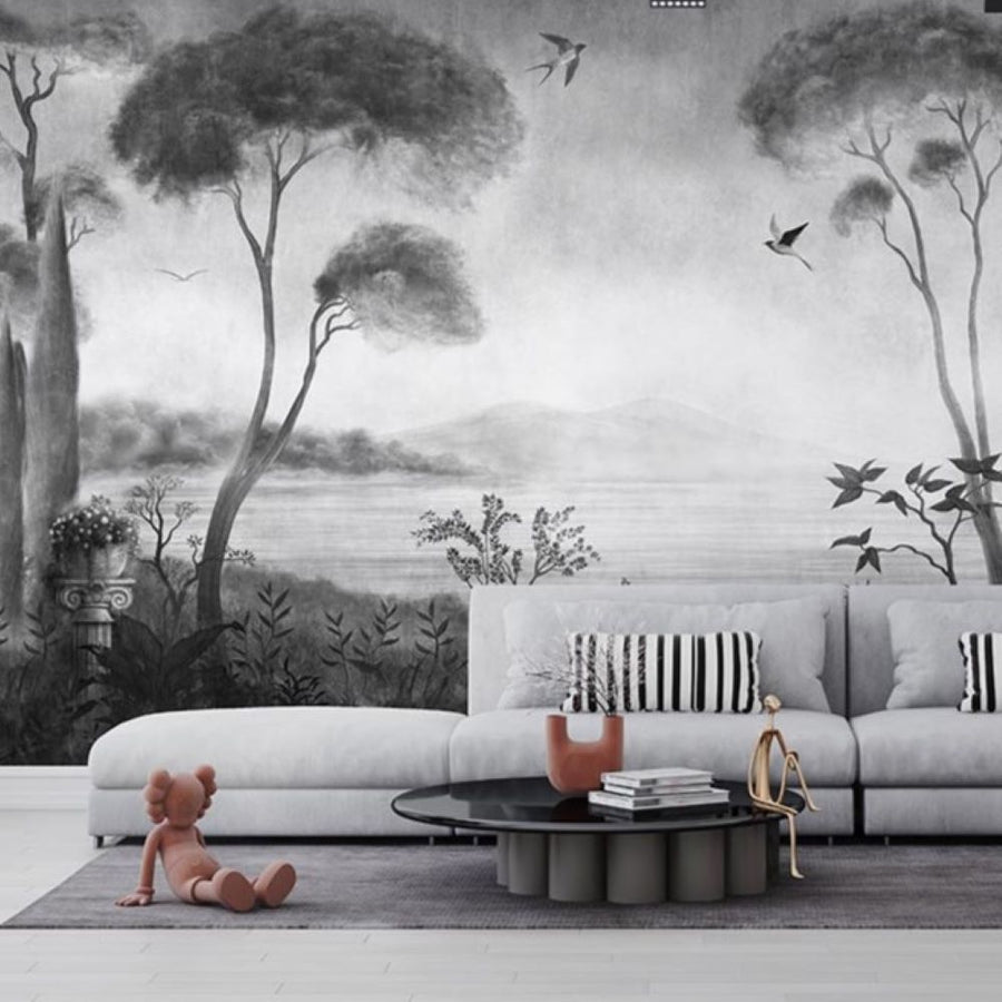 Papier peint hirondelles et arbres noir et blanc