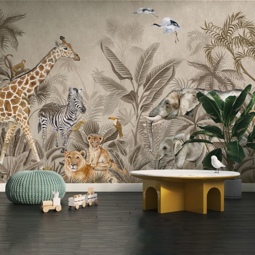 Papier peint lions et éléphants avec leurs petits