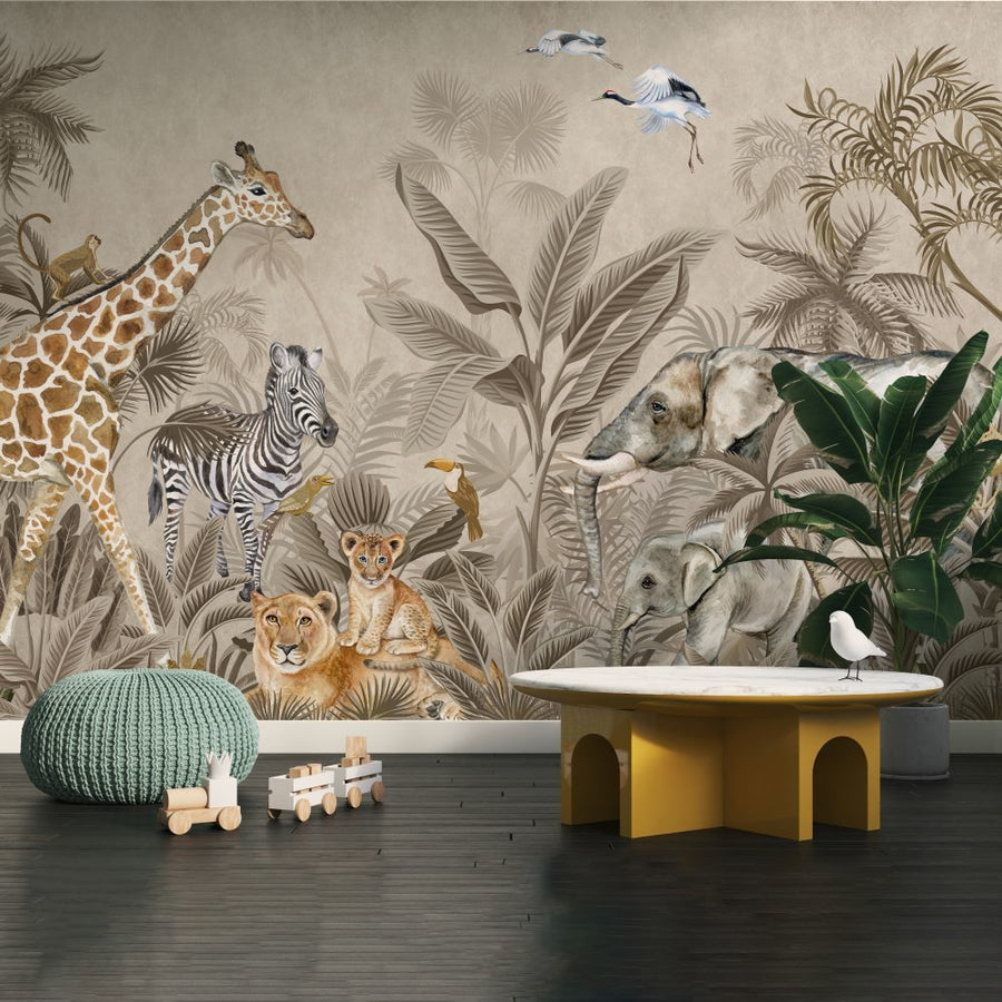 Papier peint lions et éléphants avec leurs petits