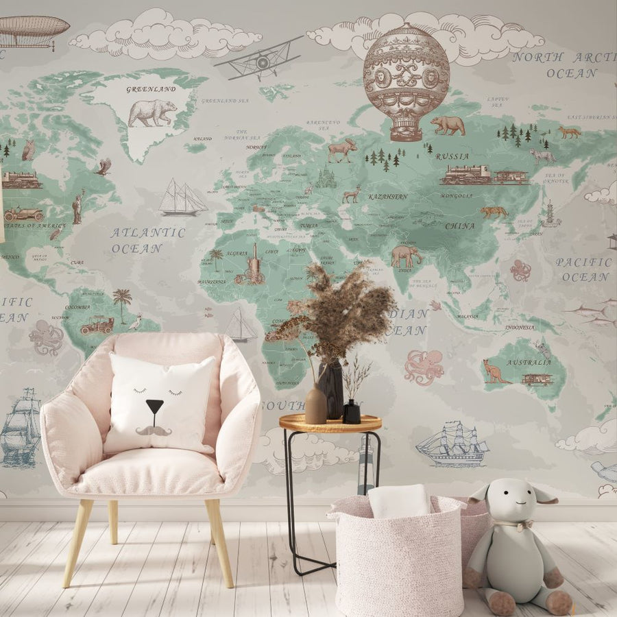 Papier peint montgolfière, animaux et carte du monde