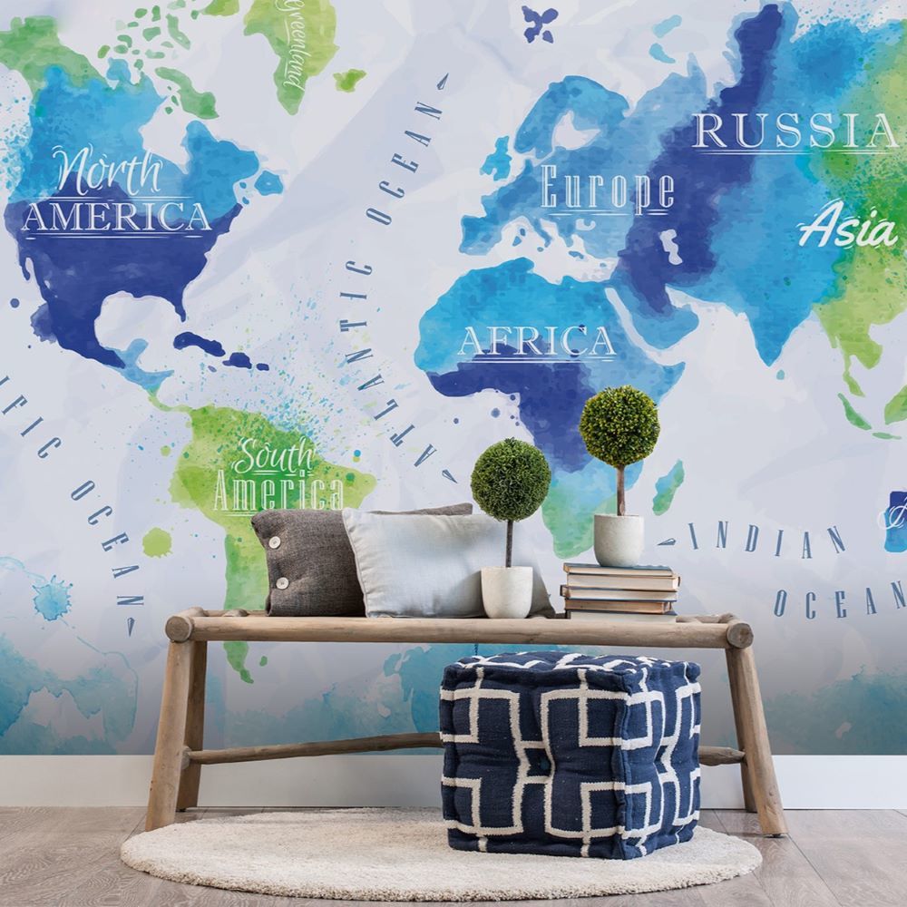 Papier peint carte du monde aux continents bleus