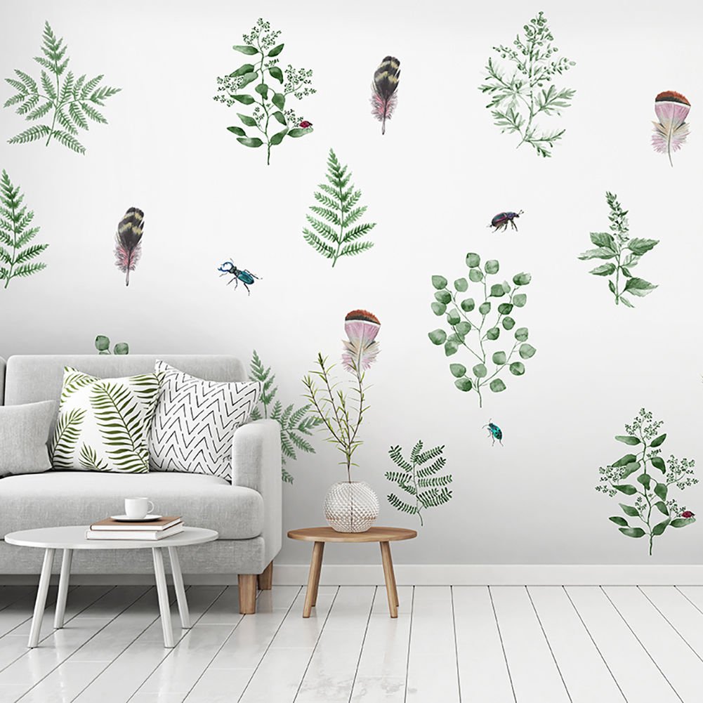 Papier peint petites feuilles vertes et plumes
