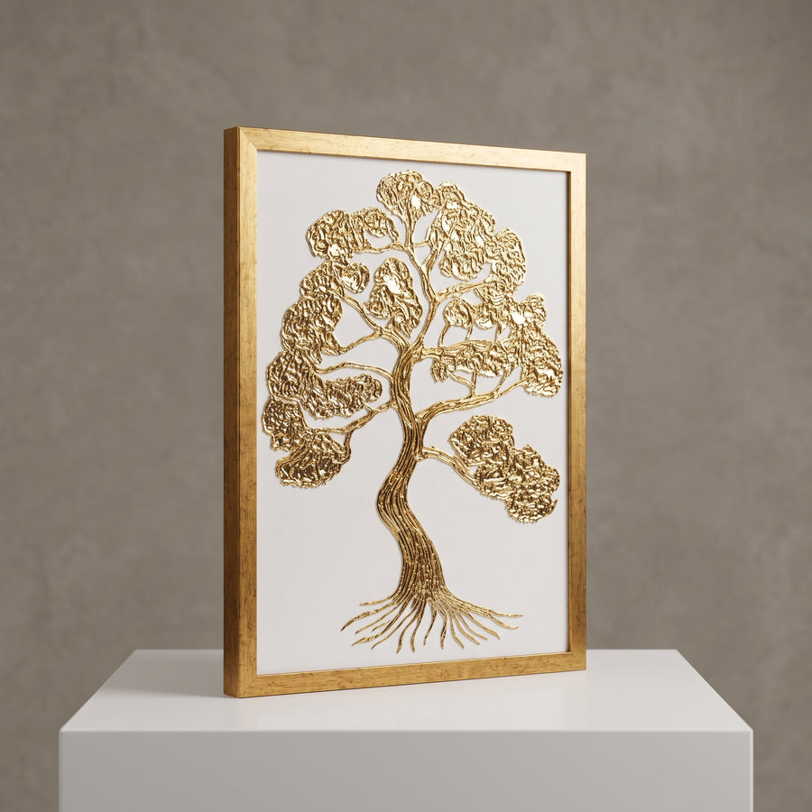 Tableau mural sur toile arbre de vie en relief 3D à la feuille d'or