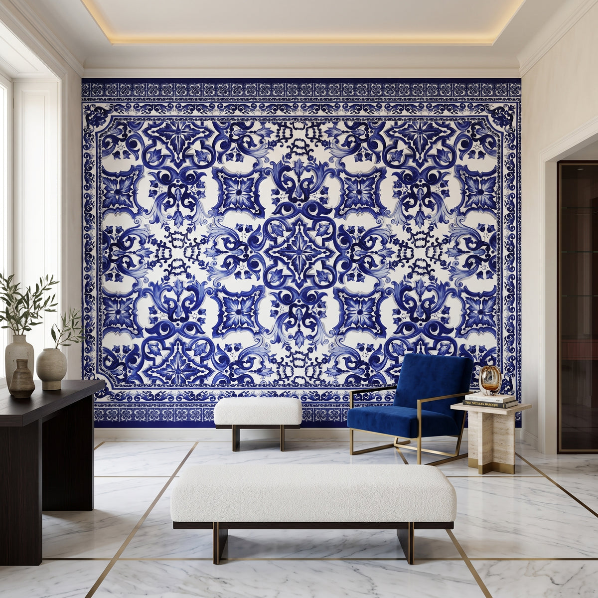 Papier peint panoramique Dolce Gabanna motifs bleus