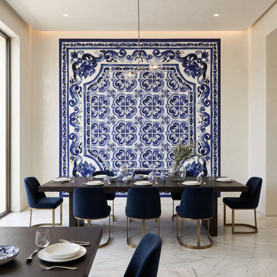 Papier peint panoramique Dolce Gabbana carreaux de faïence bleue