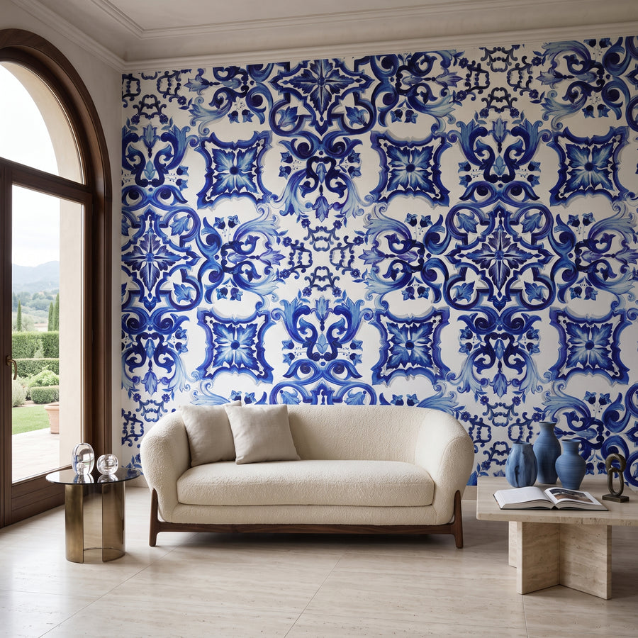 Papier peint panoramique Dolce Gabbana motif faïence bleue