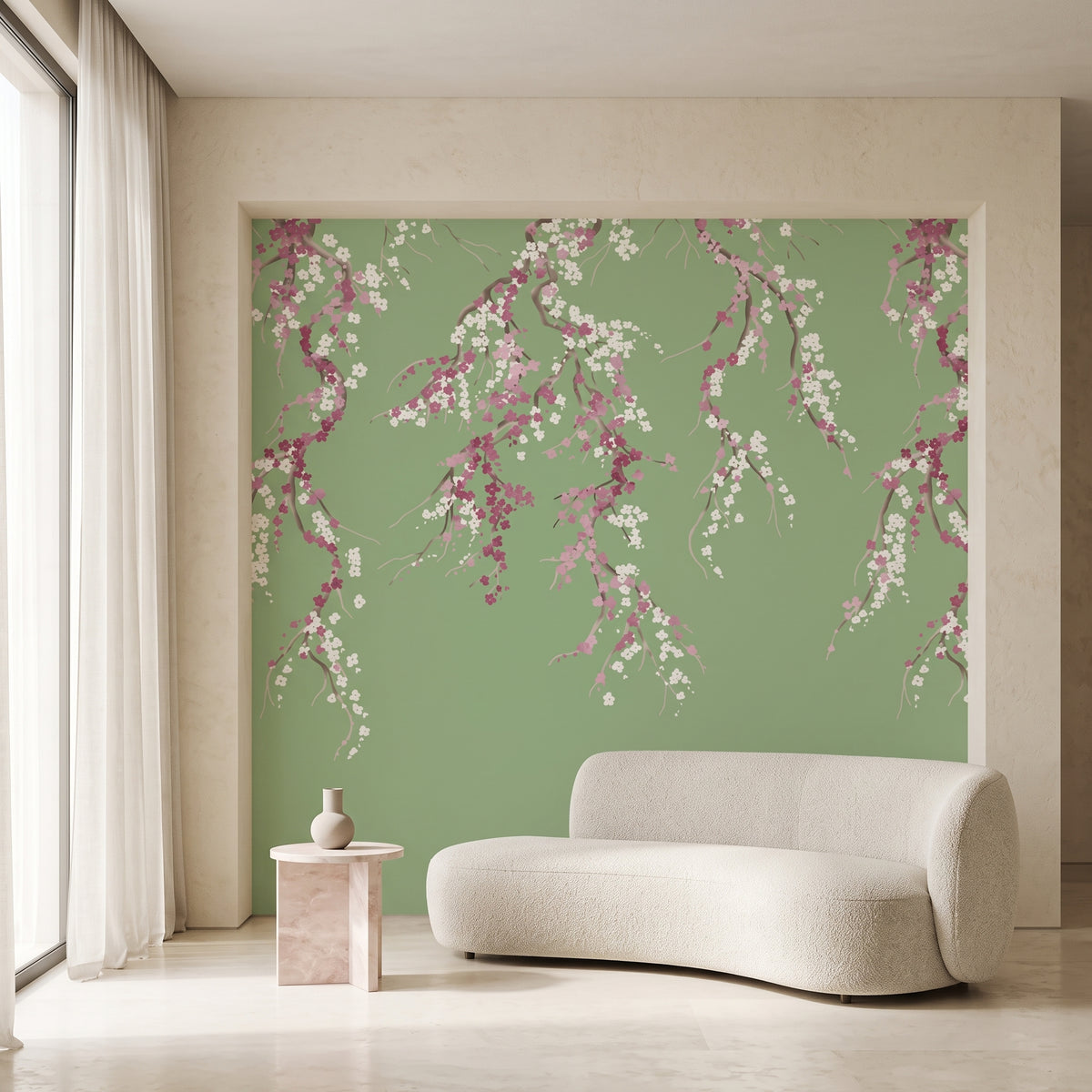 Papier peint fleurs de sakura roses sur fond vert