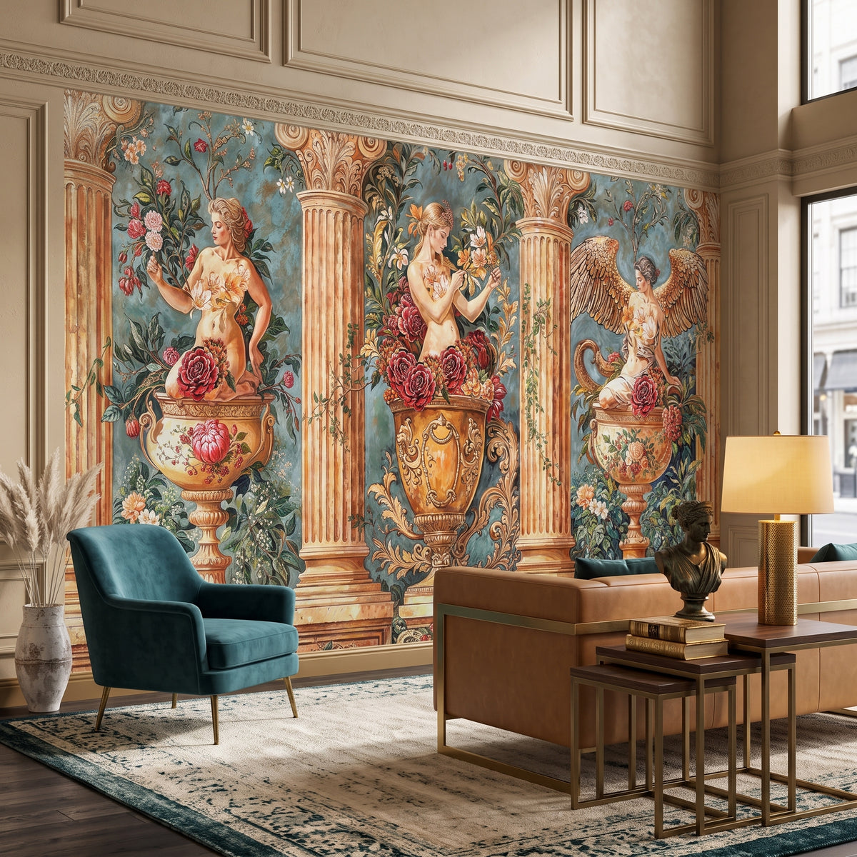 Papier peint colonnes classiques et fleurs