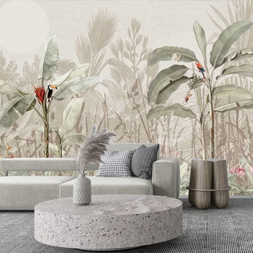 Papier peint arbres tropicaux et perroquets, série Senden Daha Güzel