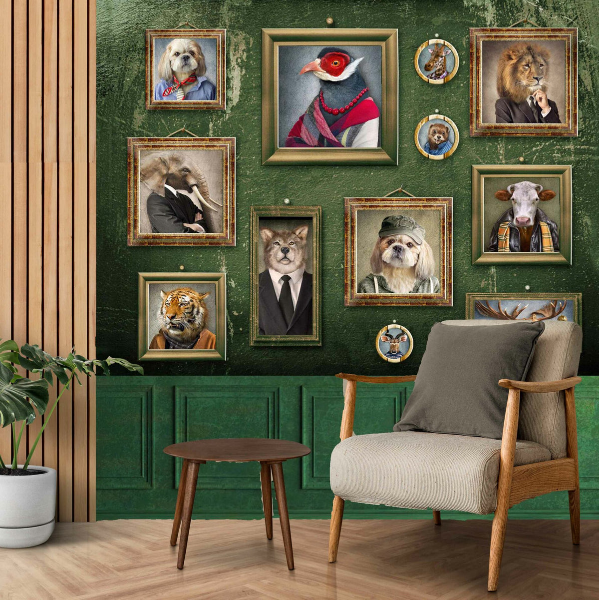 Papier peint portraits d'animaux encadrés sur fond vert