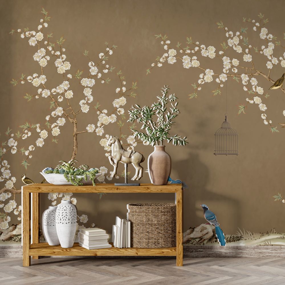 Papier peint fleurs sur fond cappuccino