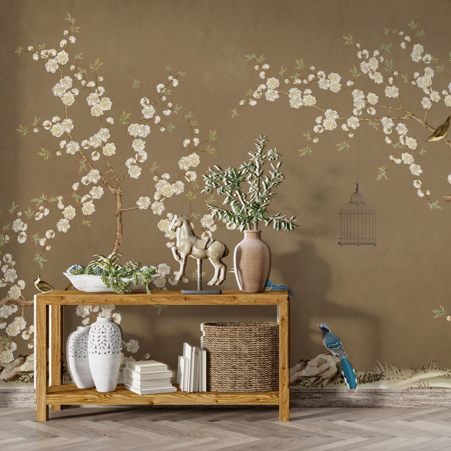 Papier peint fleurs sur fond cappuccino