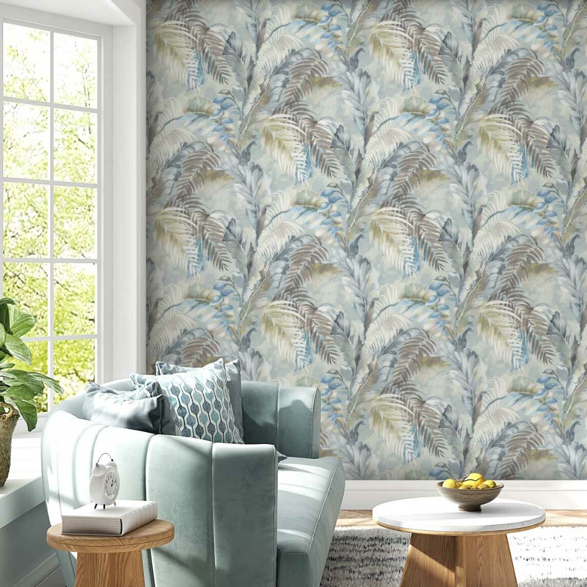 Papier peint feuillages tropicaux gris et bleu