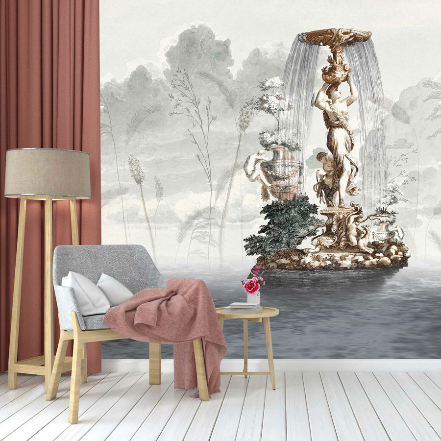 Papier peint femme et enfant à la fontaine historique d'autrefois