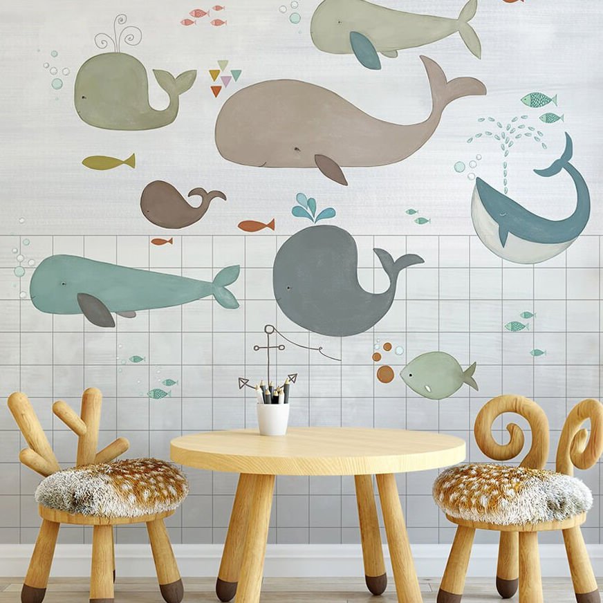 Papier peint baleines et poissons