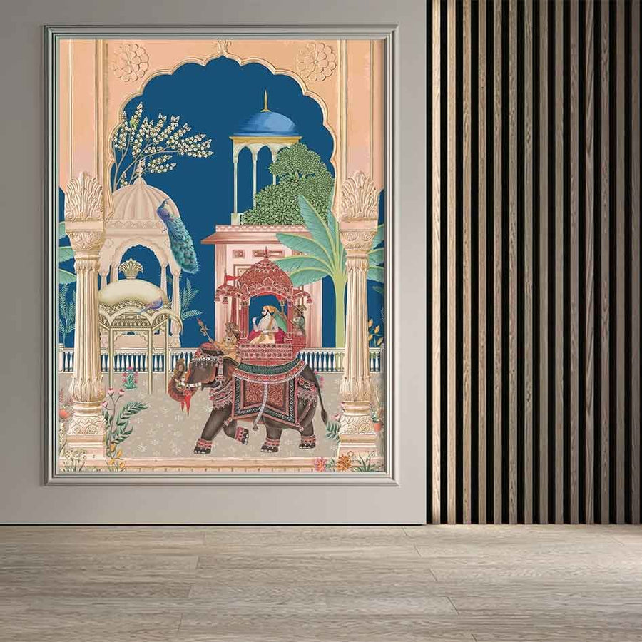 Papier peint jardin de palais, paon et éléphant traditionnel