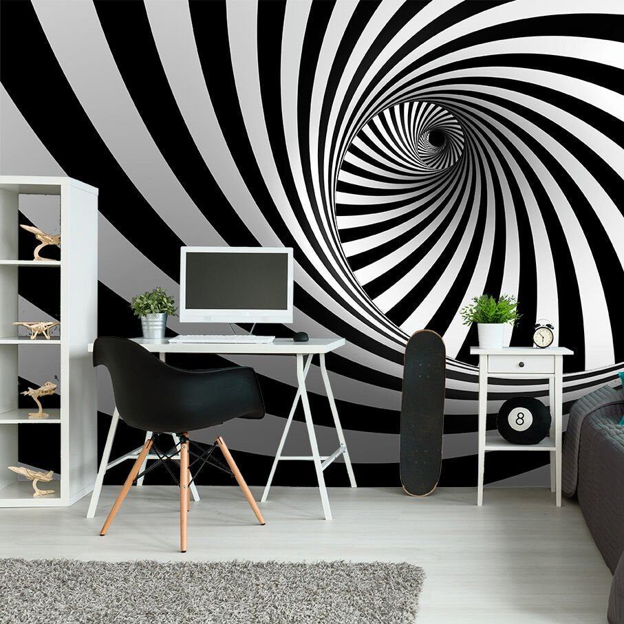 Papier peint motif tunnel en spirale noir et blanc