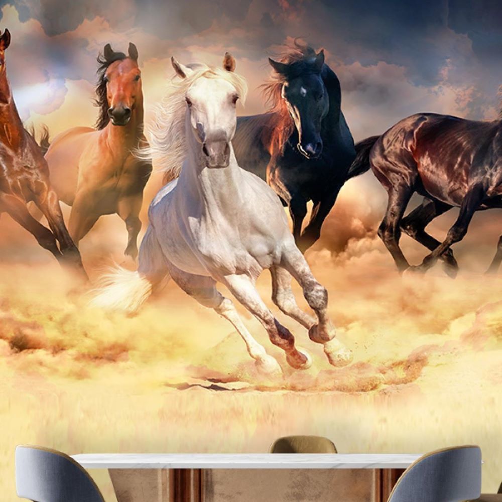 Papier peint chevaux sauvages courant dans un nuage de poussière