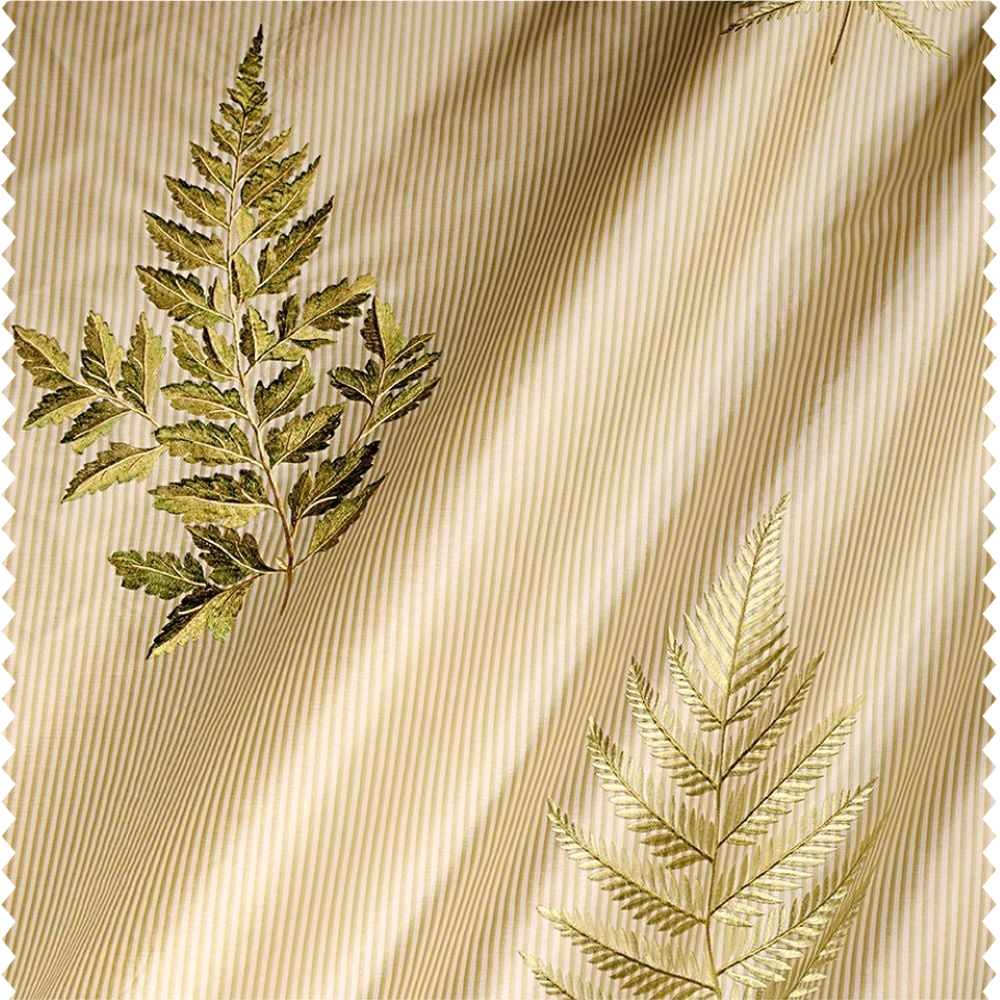Tissu d'ameublement brodé sur fond satiné rayé