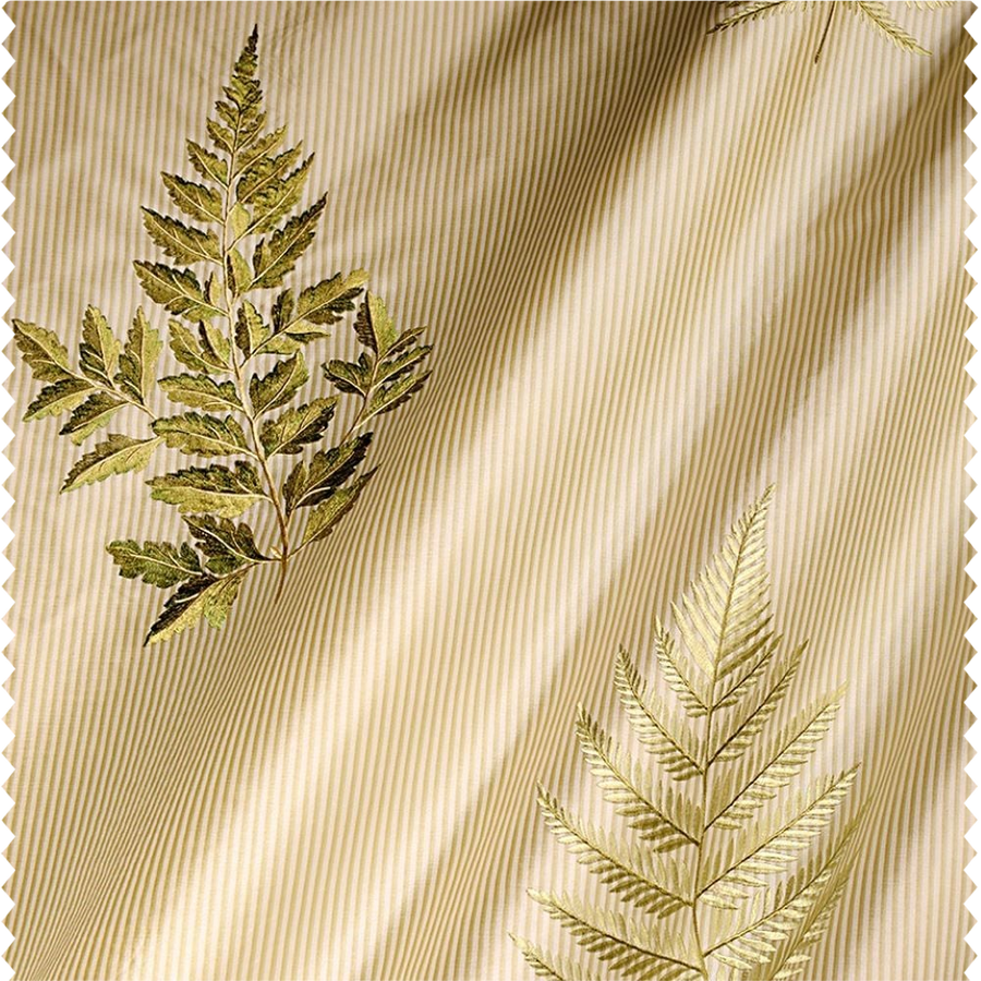 Tissu d'ameublement brodé sur fond satiné rayé