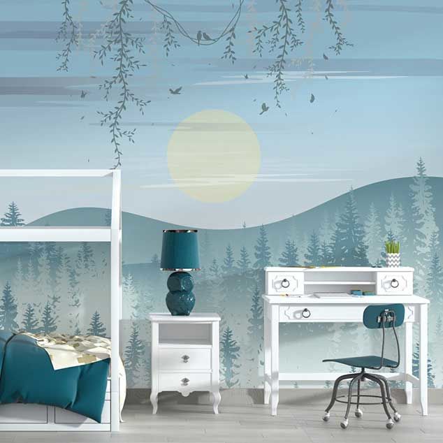 Papier peint enfant Uva paysage de montagne bleu minimaliste