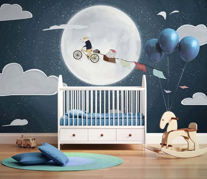 Papier peint renard à vélo sous la pleine lune