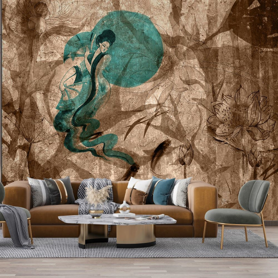 Papier peint lune turquoise et poissons japonais sur fond sépia