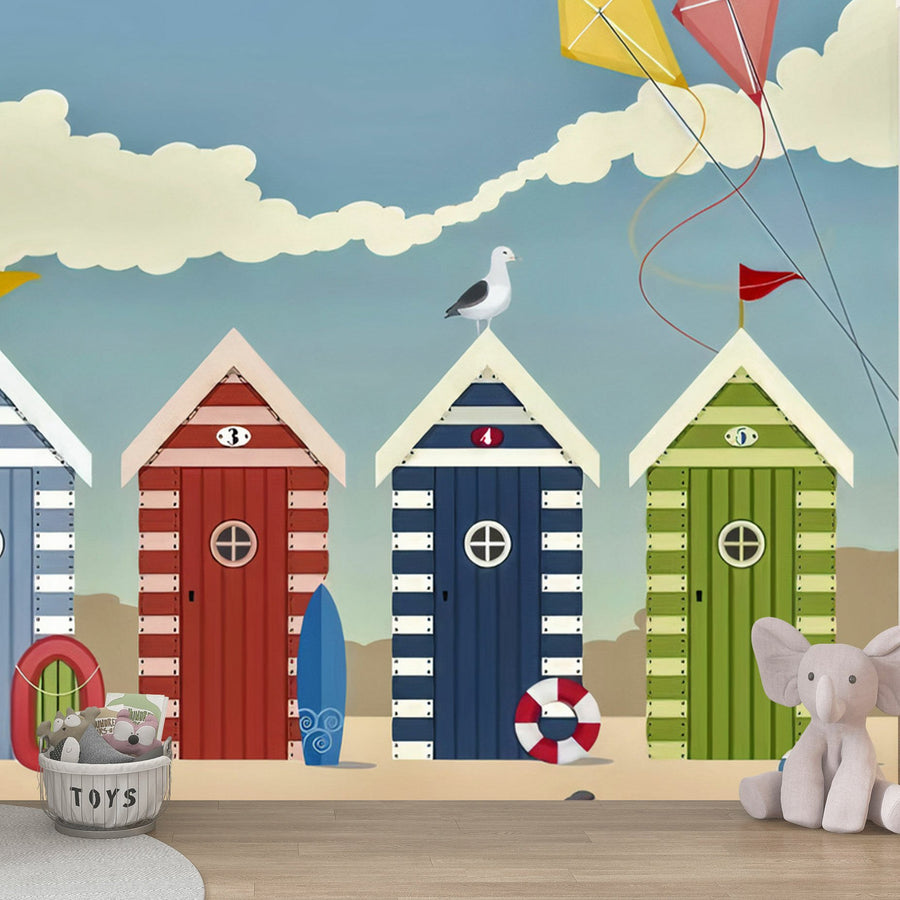 Papier peint enfant Uva cabines colorées sur la plage