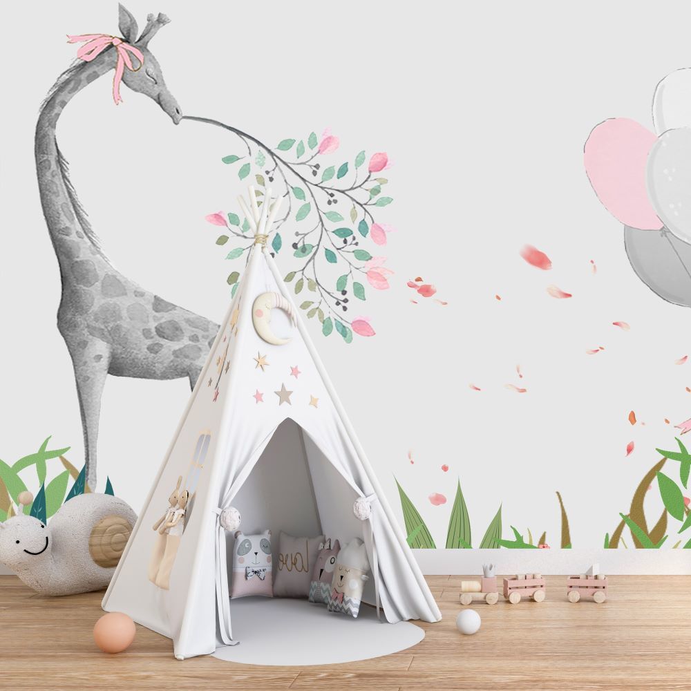 Papier peint éléphant et girafe avec des ballons