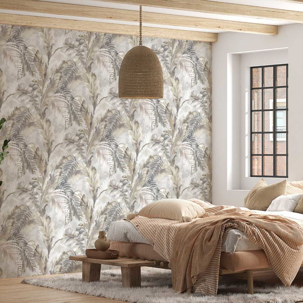 Papier peint tropical aux couleurs douces beige et brun