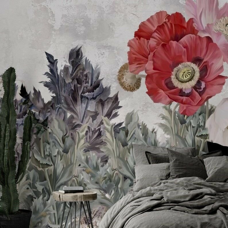 Papier peint Uva coquelicot à effet aquarelle sur fond vison