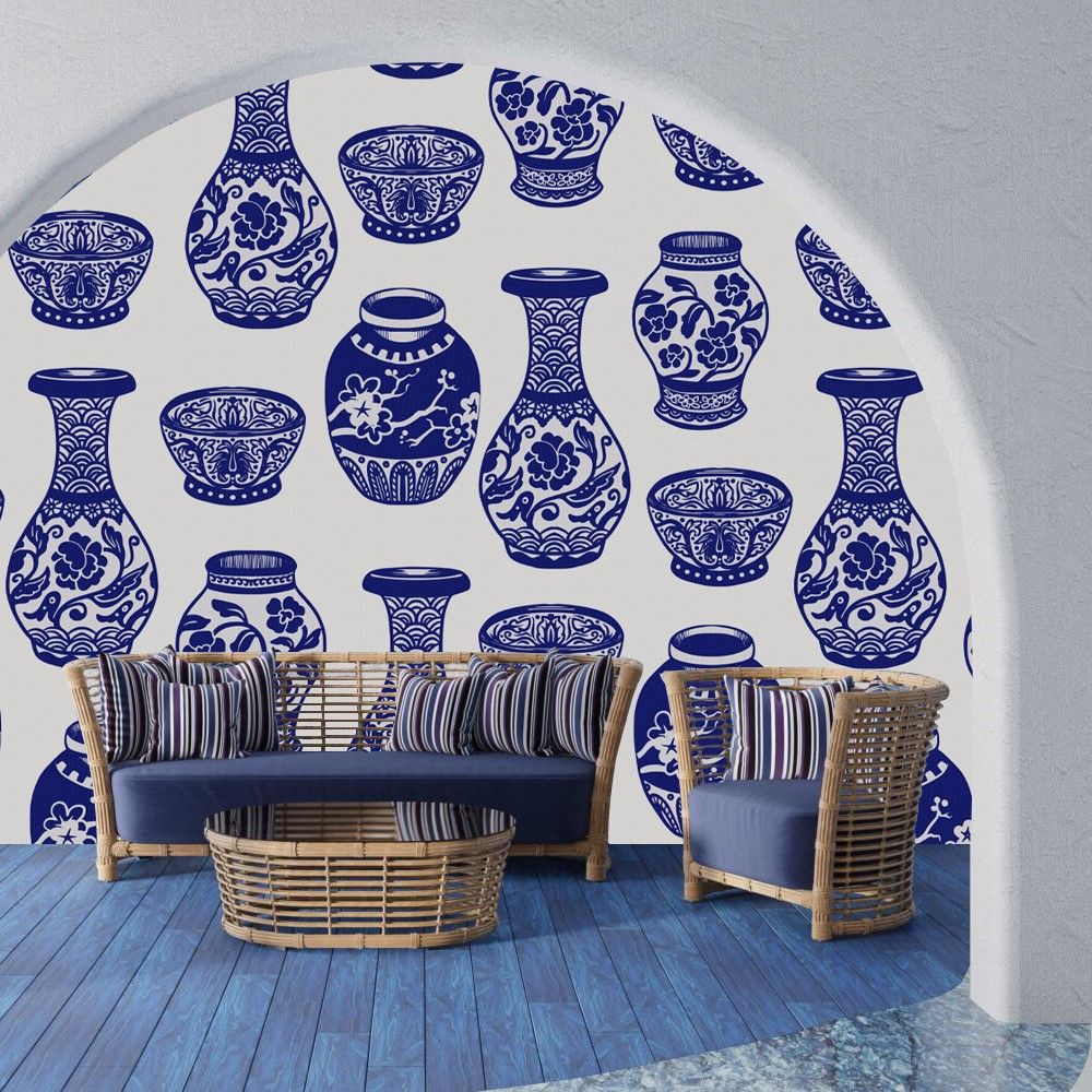 Papier peint 3D vases Bleu Blanc