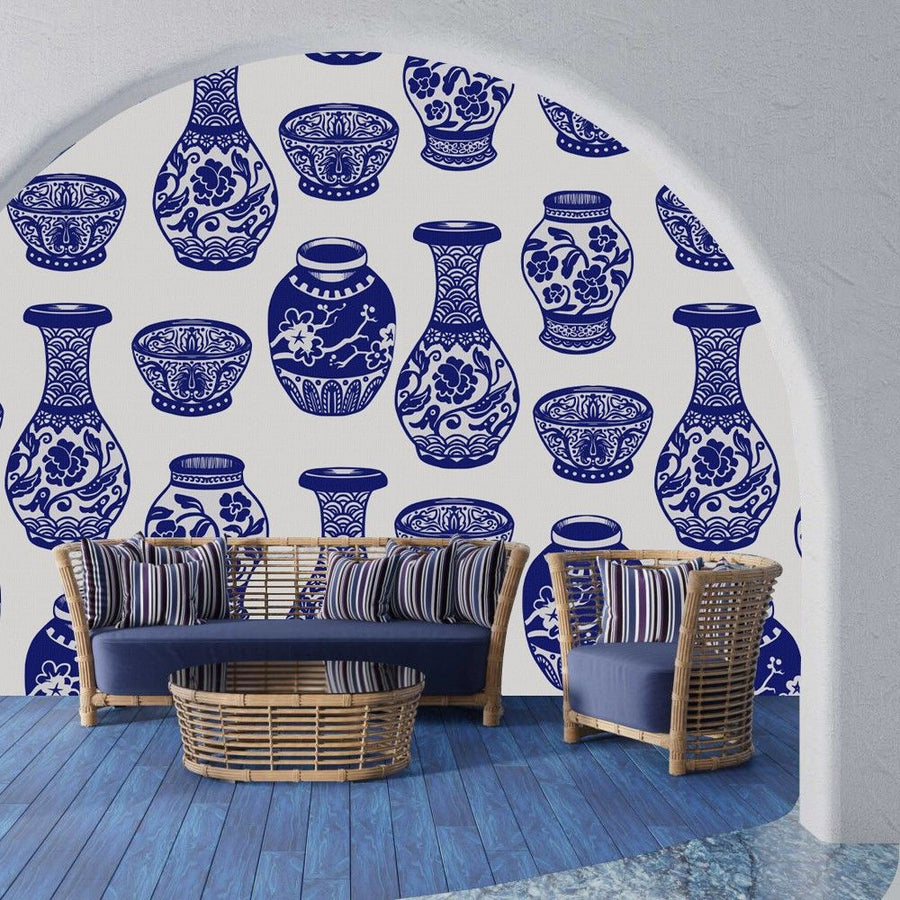 Papier peint 3D vases Bleu Blanc