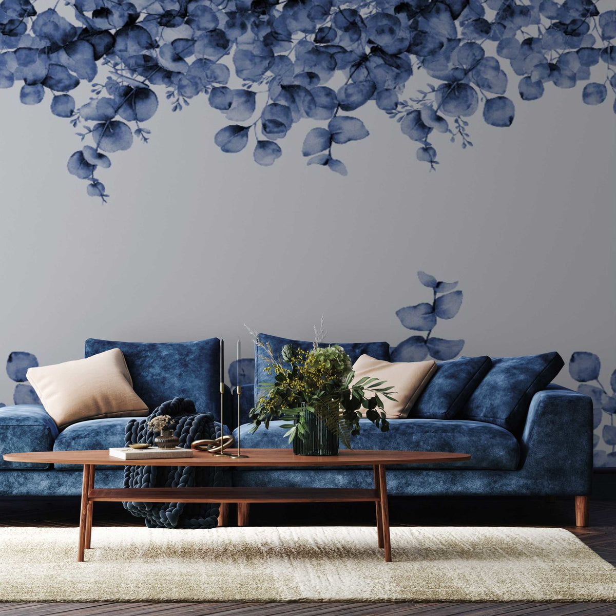 Papier peint Uva feuilles d'eucalyptus bleu marine à effet aquarelle