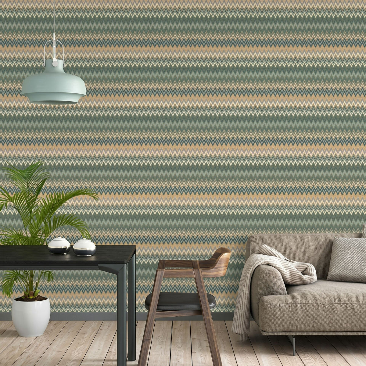 Yeşil, mavi ve bej zikzak desenli Missoni Home vinil duvar kağıdı