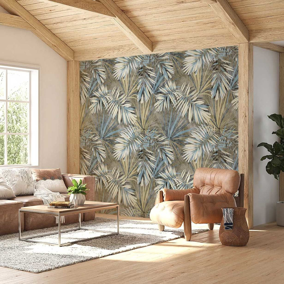 Papier peint feuilles tropicales turquoise et brun