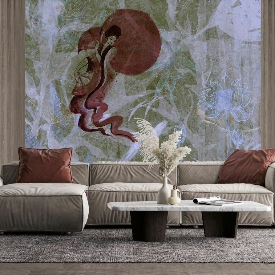 Papier peint femme en kimono bordeaux sur la lune