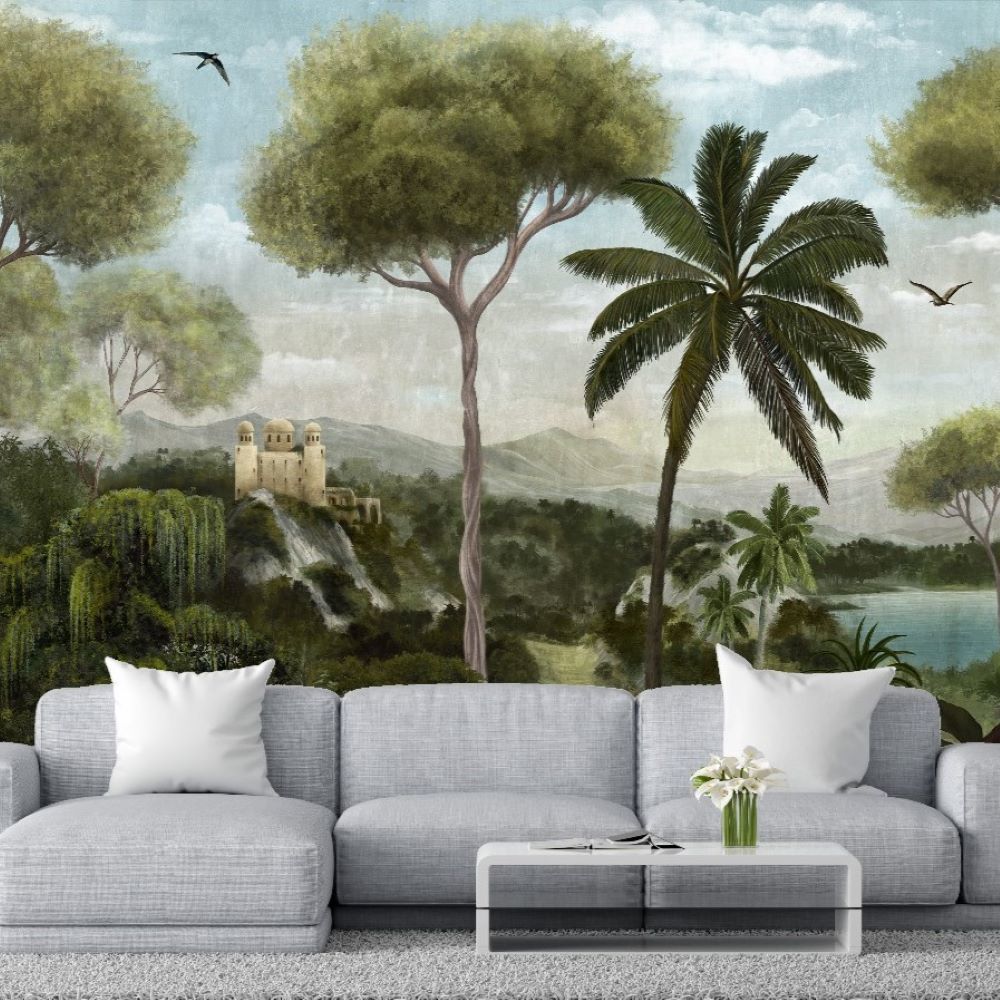 Papier peint forêt tropicale et château aux tons verts vifs