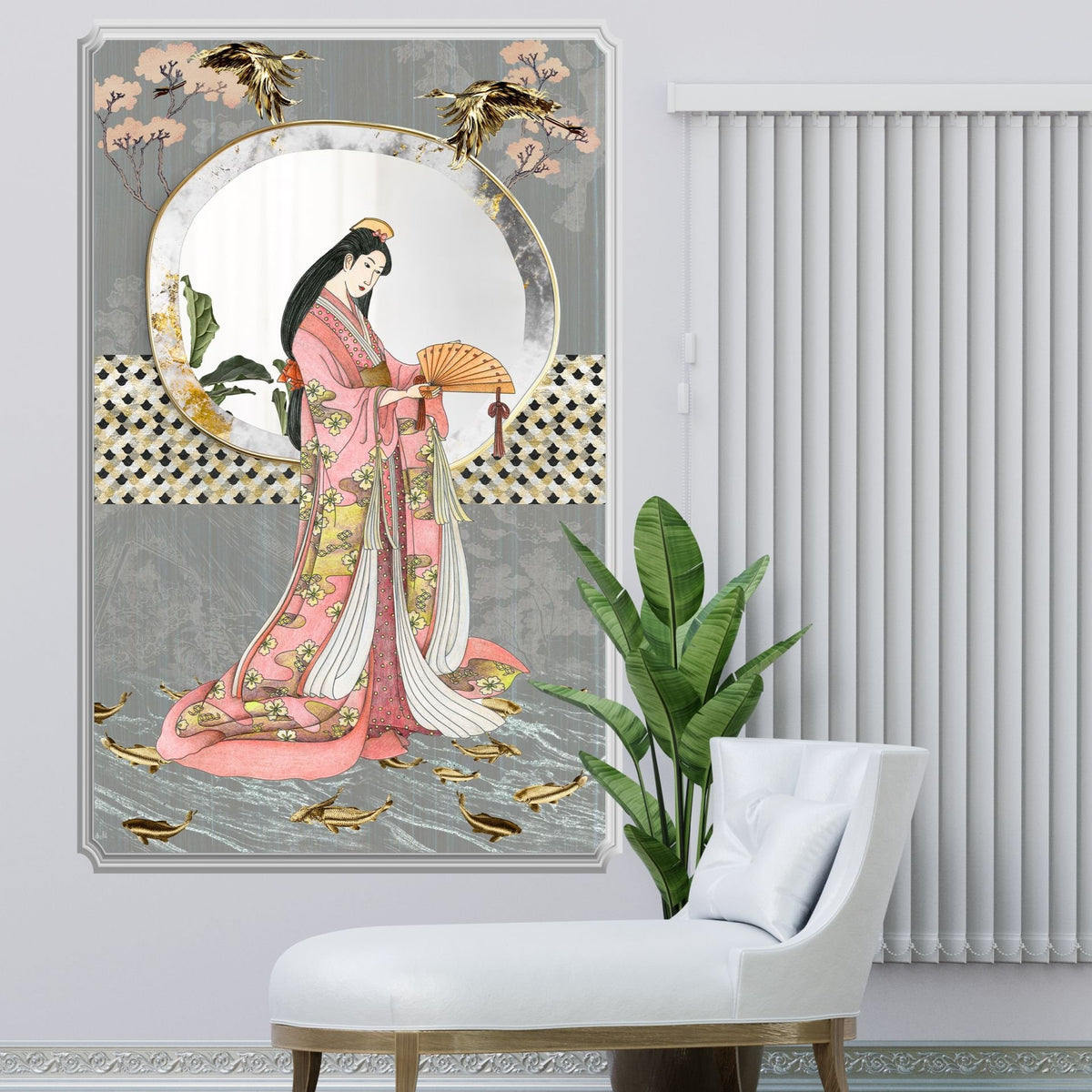 Papier peint femme en tenue rose au-dessus des poissons