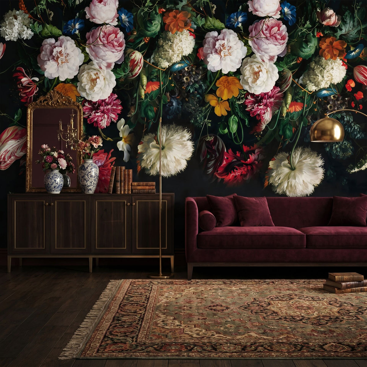 Papier peint roses et tulipes sur fond noir, série Terzi de Netflix