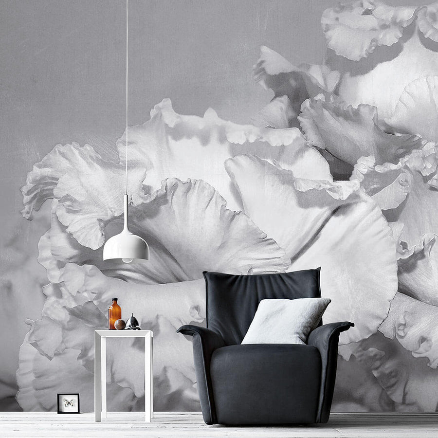 Papier peint fleur blanche à grandes feuilles gris et blanc