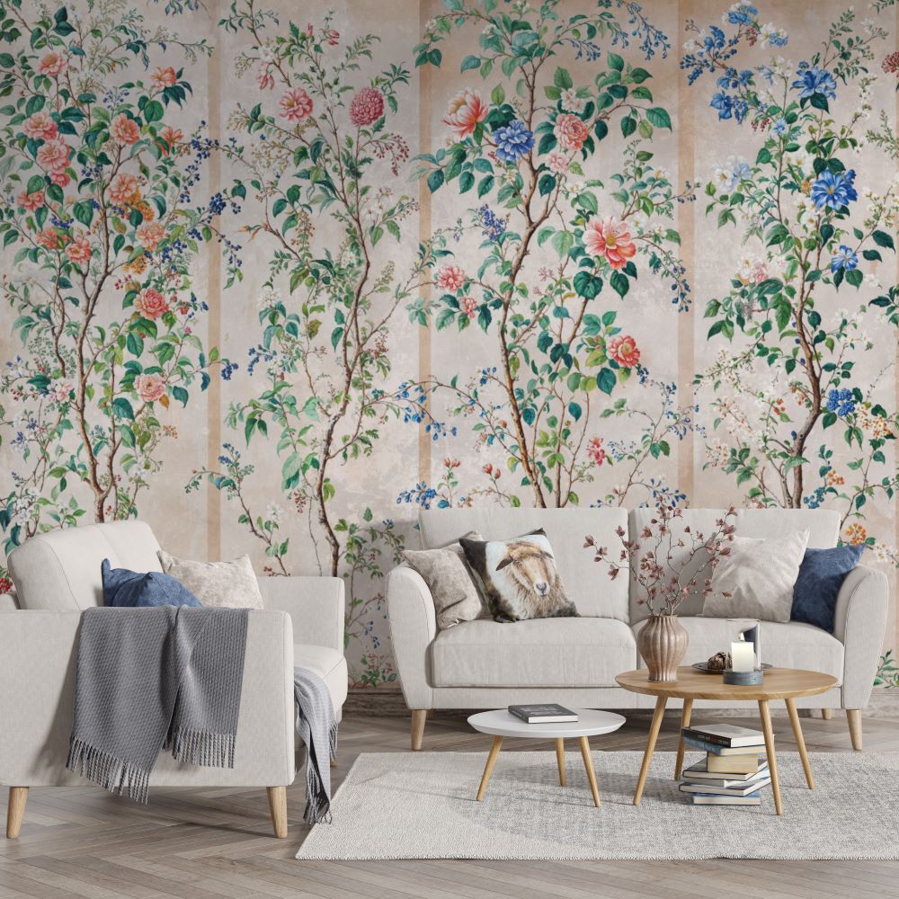 Papier peint à motif fleurs et oiseaux éclatants